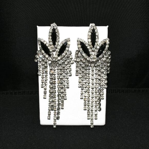 Vintage Black Rhinestone Floral Chandelier Earrings Long Dangle Fringe 3.5” - Picture 3 of 10